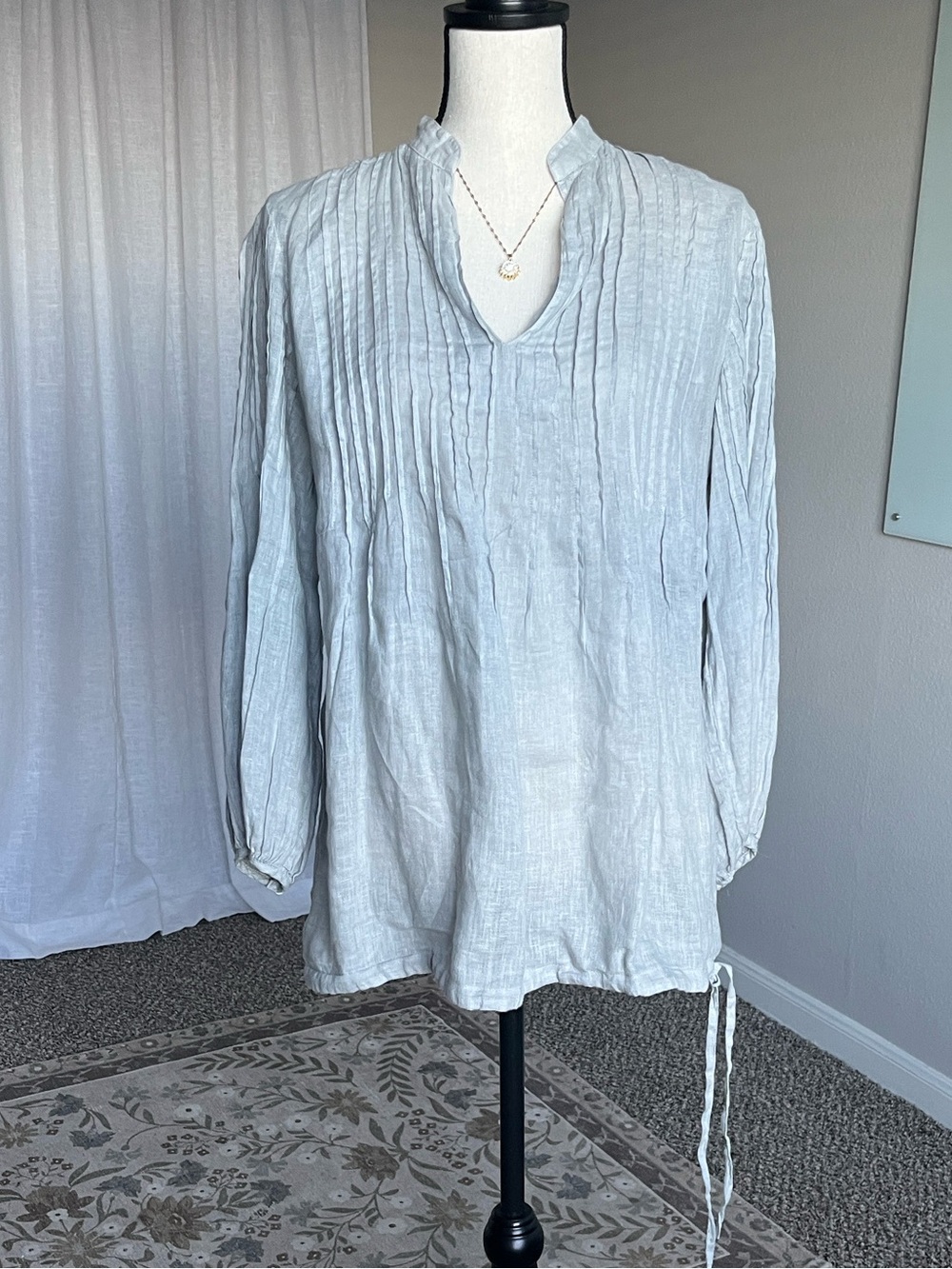 120% Lino Linen Blouse Made in Italy Gray Pleated Tunic Top Relaxed Fit S M